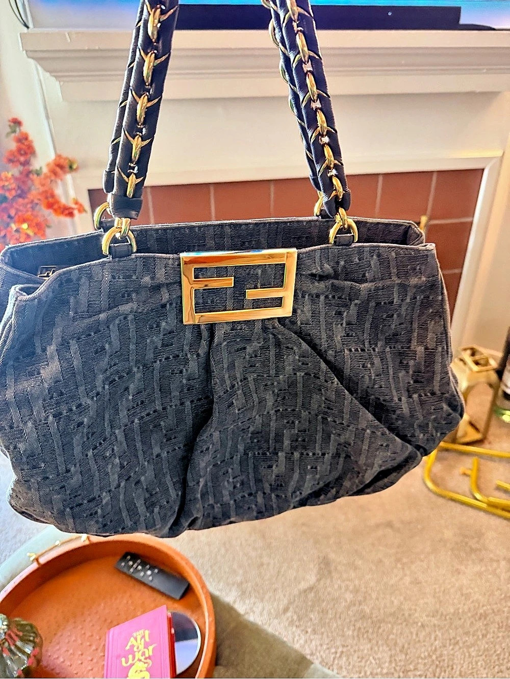 Fendi Denim Zucca Mia Large Shoulder Bag Blue Shoulder Bag